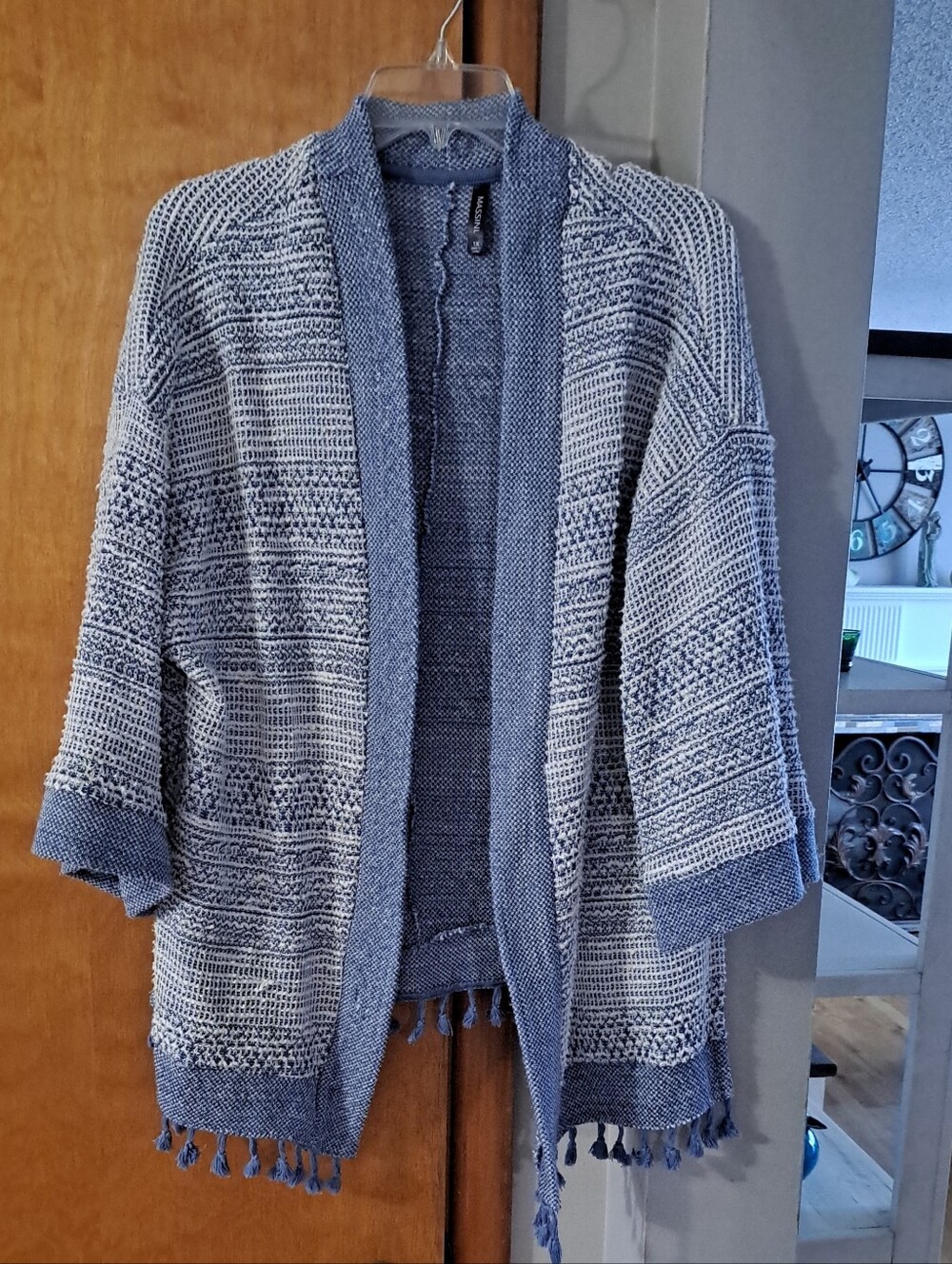 Massini Blue & White Open-Front Knit Cardigan with Fringe Trim